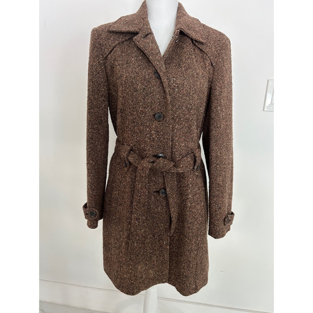 Giacca Gallery Company Brown Tweed Wool Blend Belted Trench Coat Womens Large